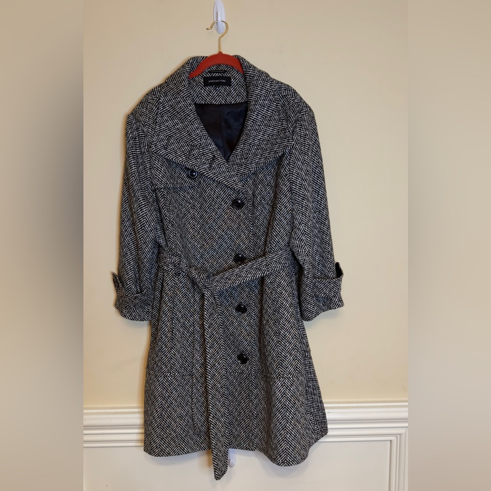 Jones New York Black and White Herringbone Trench Coat 2X